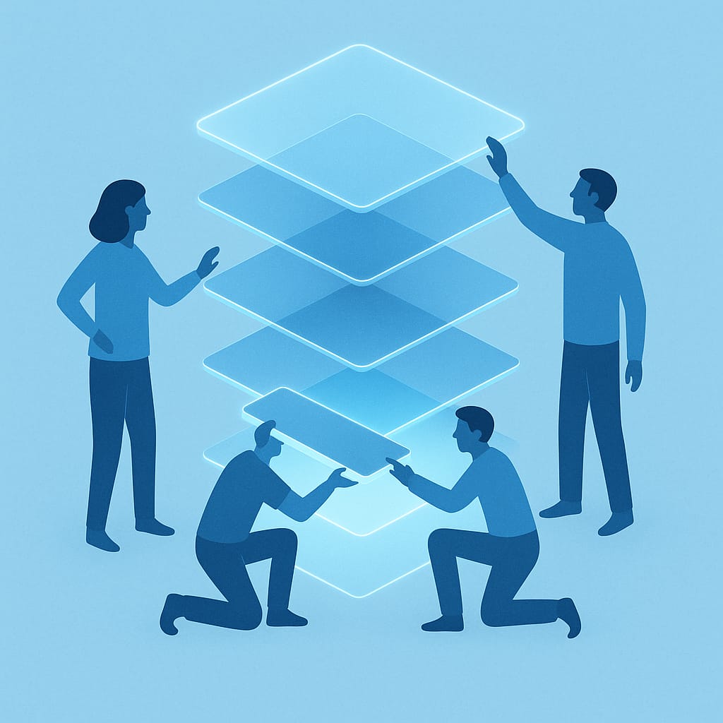 Conceptual digital illustration for ‘Building for Change: Rethinking Digital Resilience,’ featuring a symbolic digital stack and adaptability. Article by Phil Lurie and Euki Binns of Logical Approach on digital resilience for leaders.