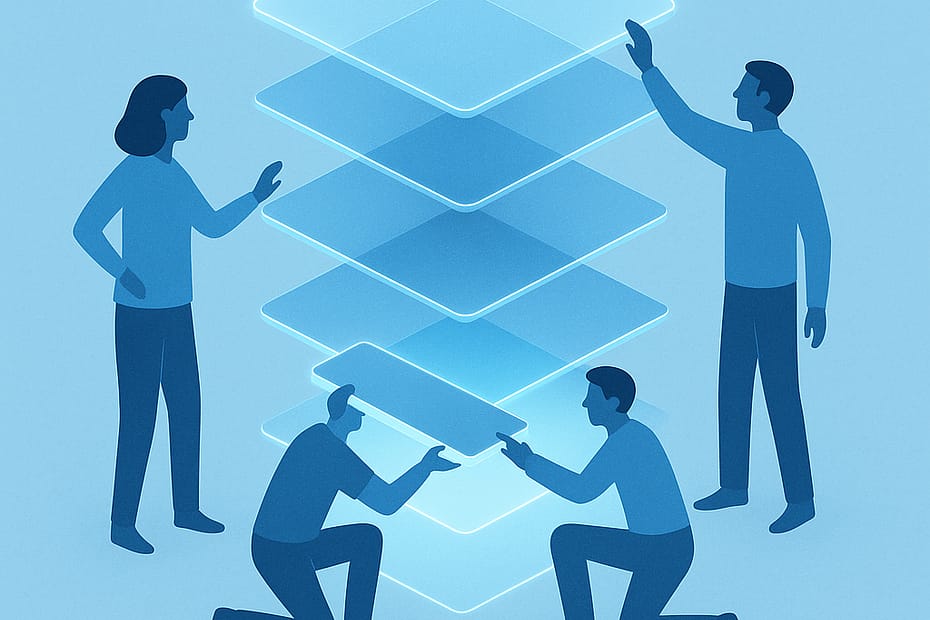 Conceptual digital illustration for ‘Building for Change: Rethinking Digital Resilience,’ featuring a symbolic digital stack and adaptability. Article by Phil Lurie and Euki Binns of Logical Approach on digital resilience for leaders.