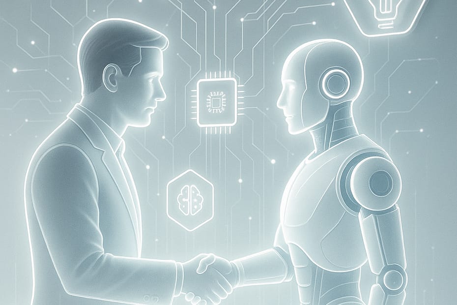 Conceptual digital illustration for ‘AI Is Fueling Change,’ highlighting alignment of people and technology. Article by Euki Binns, Senior Partner at Logical Approach, on how AI fuels digital transformation when people and tech align.